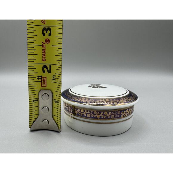 Porcelain Round Trinket Stash Box St. Regis Ltd Brazil Navy Blue Gold Floral - Picture 6 of 6
